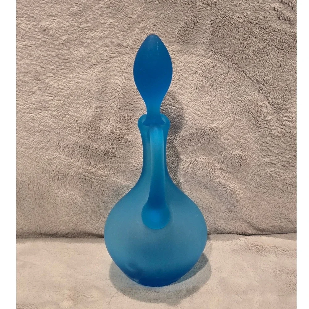 Vintage Frosted Blue Satin Glass Decanter with Stopper Hand Blown Art Glass Ewer